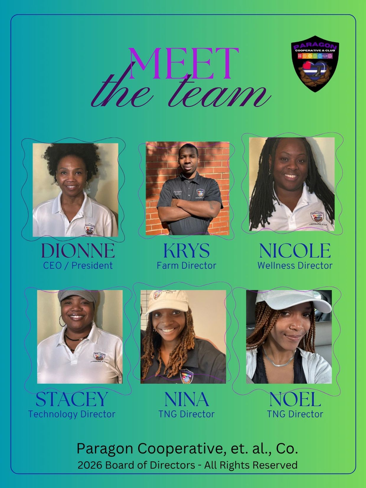Paragon Cooperative team members with their titles in a vibrant green and blue layout.