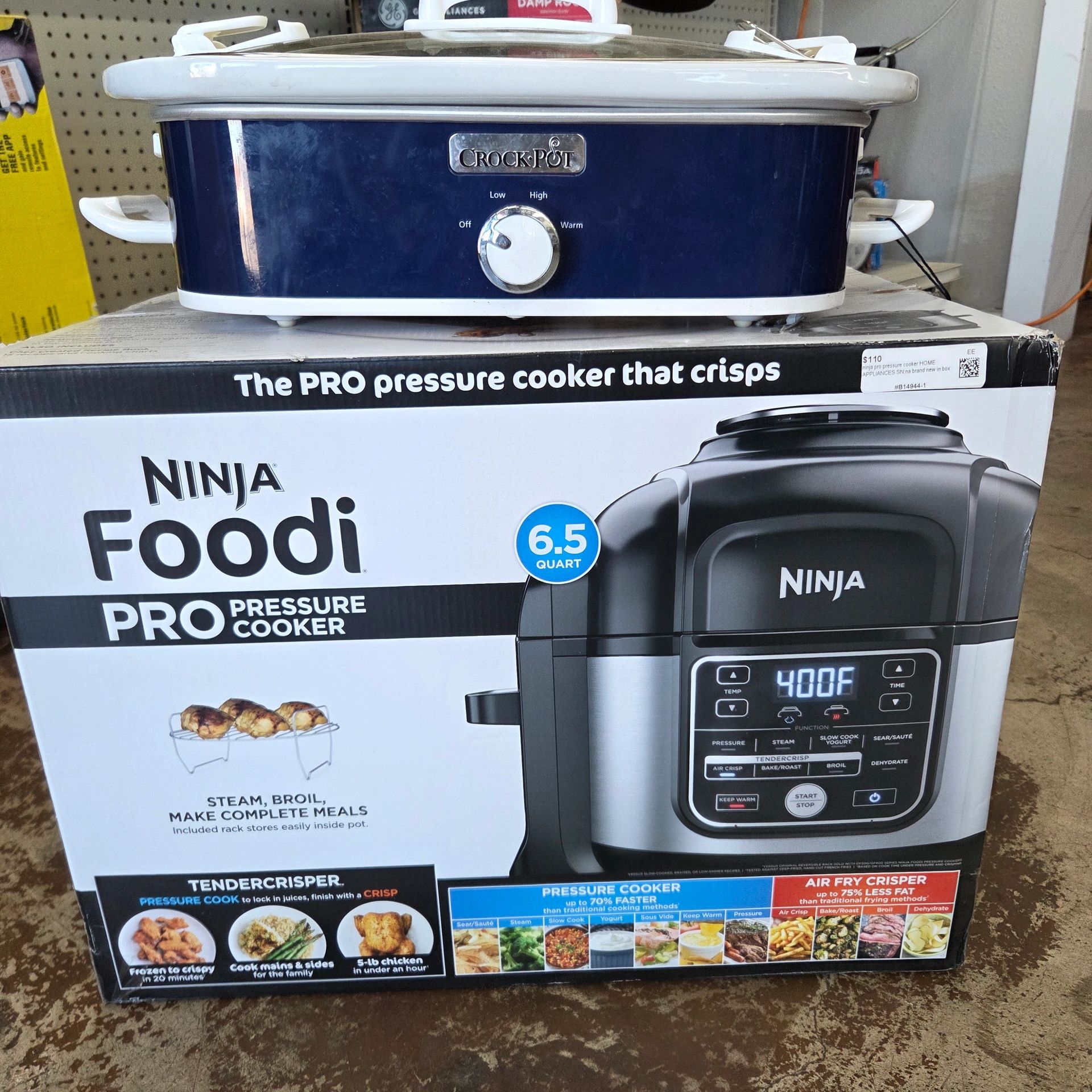 Crock-Pot on top of a Ninja Foodi Pro Pressure Cooker box.