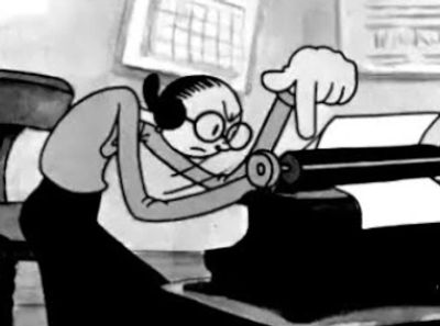 Cartoon character intensely typing on a typewriter.