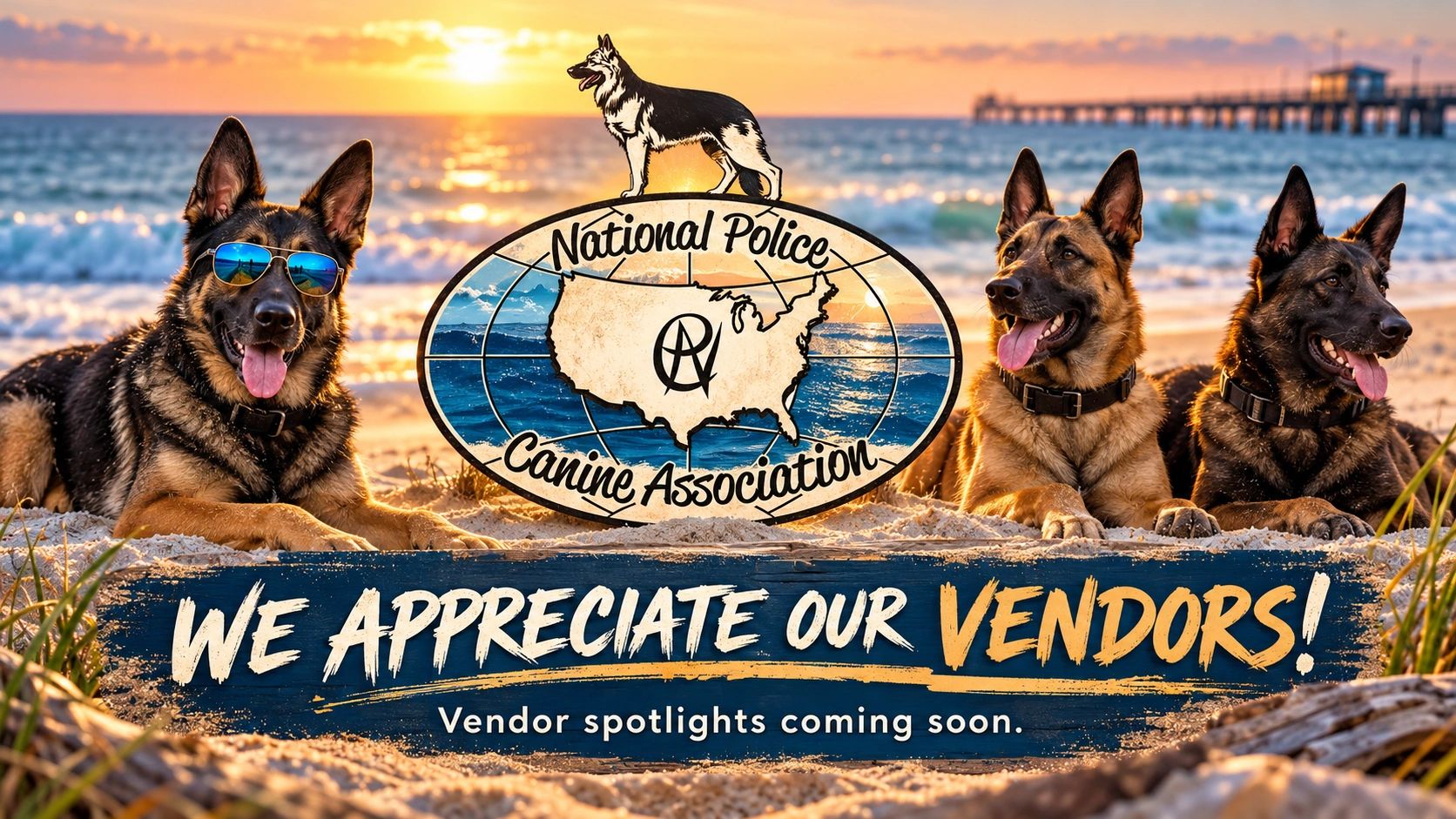 Three German Shepherds on a beach with National Police Canine Association logo and appreciation message.
