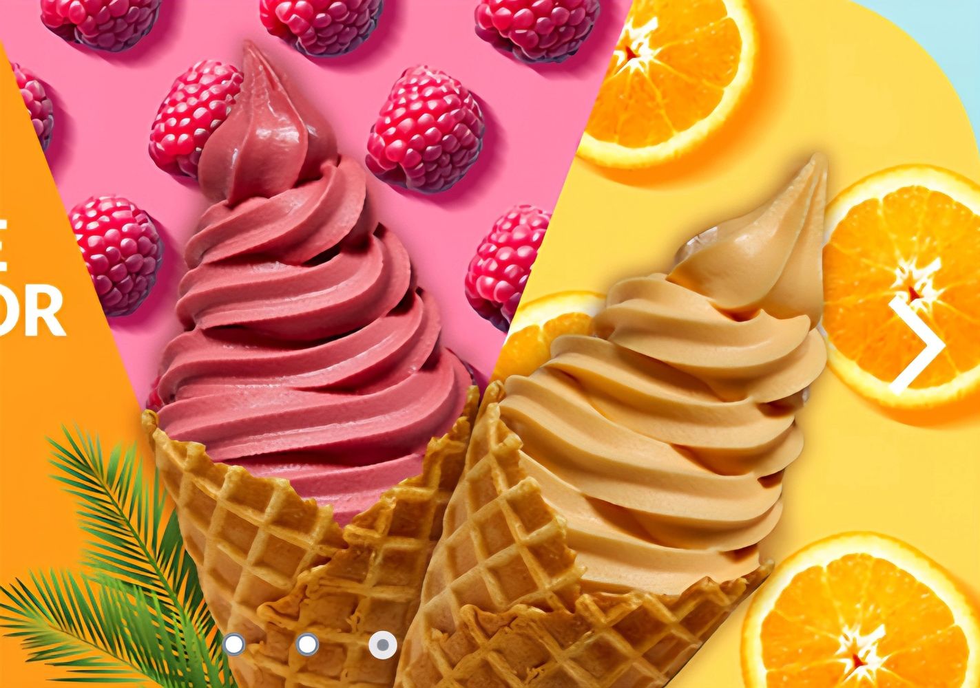 Two waffle cones with raspberry and orange-flavored soft serve ice cream.