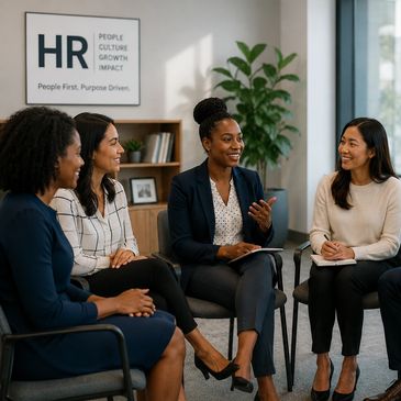 Four diverse women engaged in a professional meeting in an office setting.