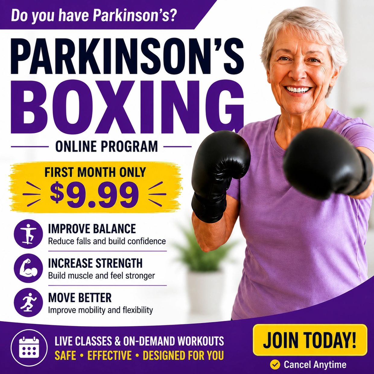 Parkinson's boxing online program for improving balance, strength, and mobility.