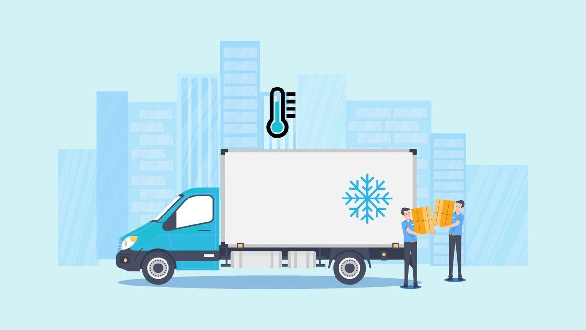 Refrigerated delivery truck with workers carrying boxes.