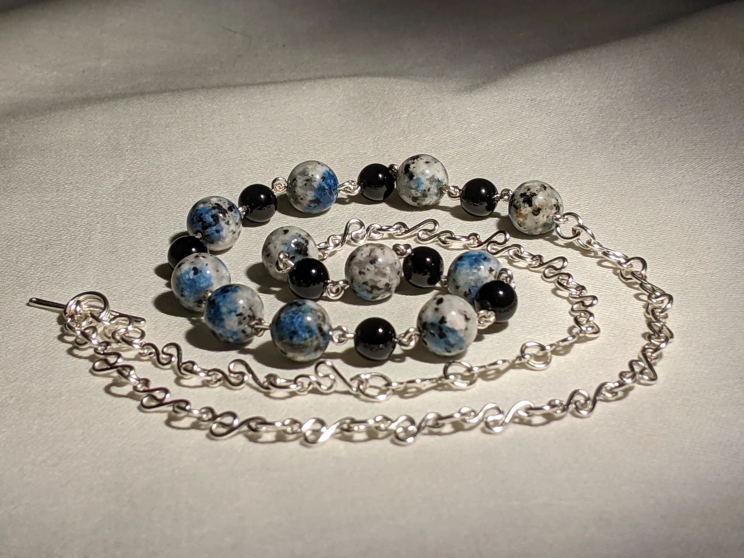 White Granite and Azurite (K2) and Black Glass Beads on Silver Chain