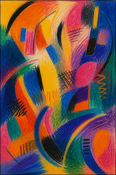 Abstract colorful painting with dynamic shapes and lines.