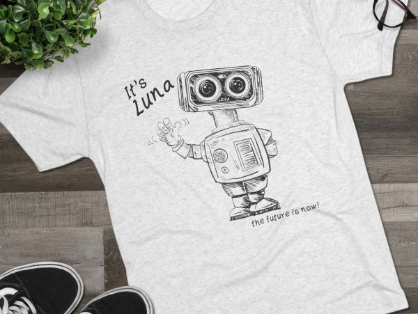 Gray t-shirt with a sketch of a robot named Luna saying the future is now.