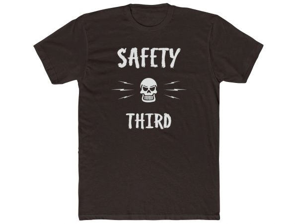Black t-shirt with 'Safety Third' text and skull graphic.