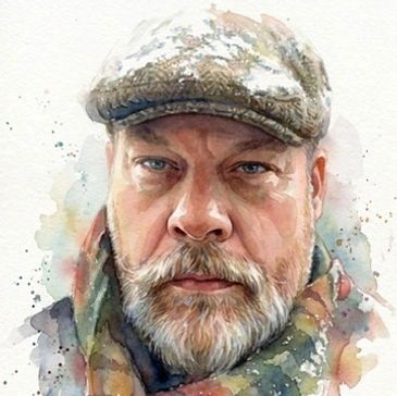 Watercolor portrait of a bearded man wearing a cap and scarf.
