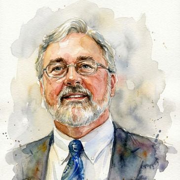 Watercolor portrait of a distinguished older man with glasses and a beard.