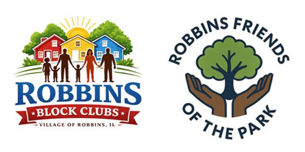 Logos for Robbins community groups promoting neighborhood unity and park stewardship.