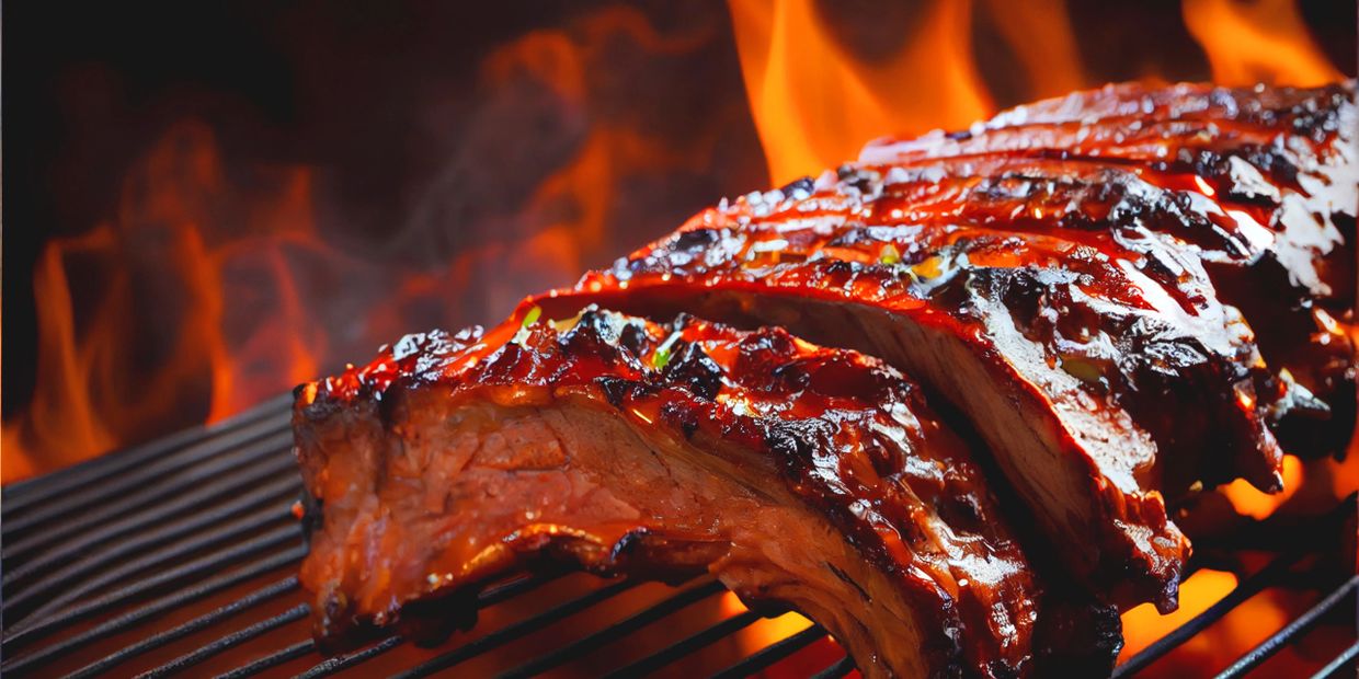 Juicy ribs grilling over open flames with a smoky char.