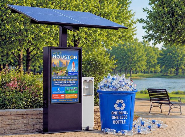 Solar-powered water refill station with recycling bin in park.