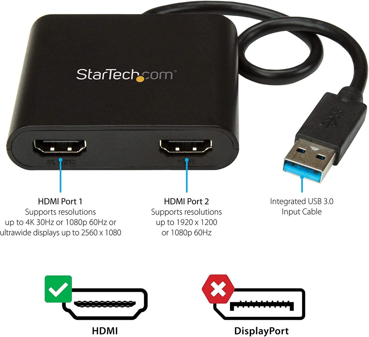 StarTech.com USB 3.0 to Dual HDMI Adapter - 1x 4K 30Hz & 1x 1080p -  External Video