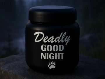 Jar with text "Deadly Good Night" and a paw print.