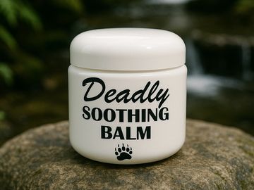 White jar labeled "Deadly Soothing Balm" on a rock.