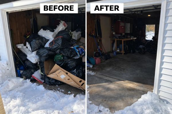 Garage transformation from cluttered with trash to clean and organized.
