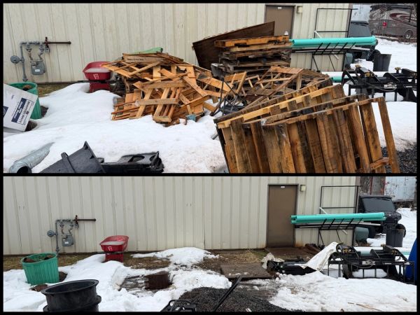 Before and after cleaning up wooden pallets outside a building in snowy conditions.