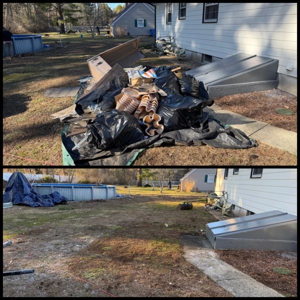 Two images showing a yard before and after a pile of garbage was removed.