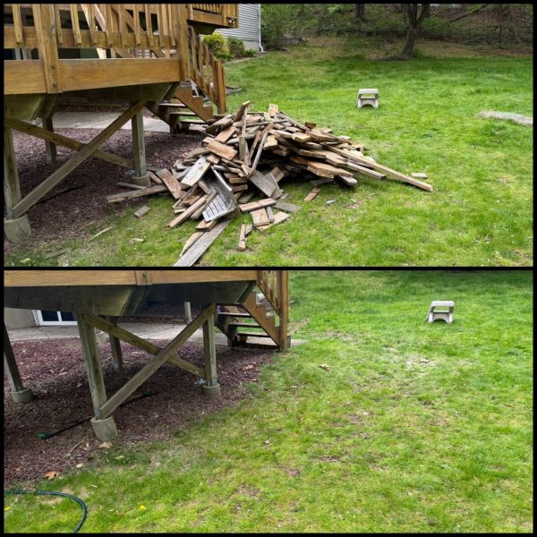 Before and after photos showing a pile of wood removed from a backyard deck area.