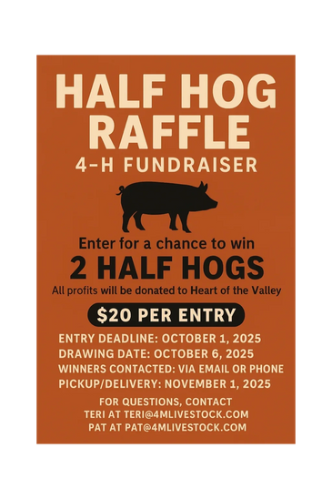 Heart of the Valley 4-H hog raffle flyer – win a butcher hog from 4M Livestock. 