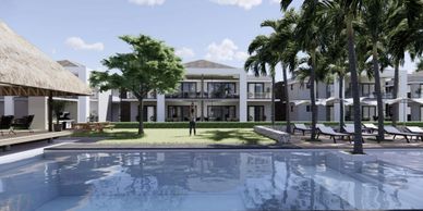 De appartementen liggen in een groene oase met twee grote tropische zwembaden en jacuzzi’s.