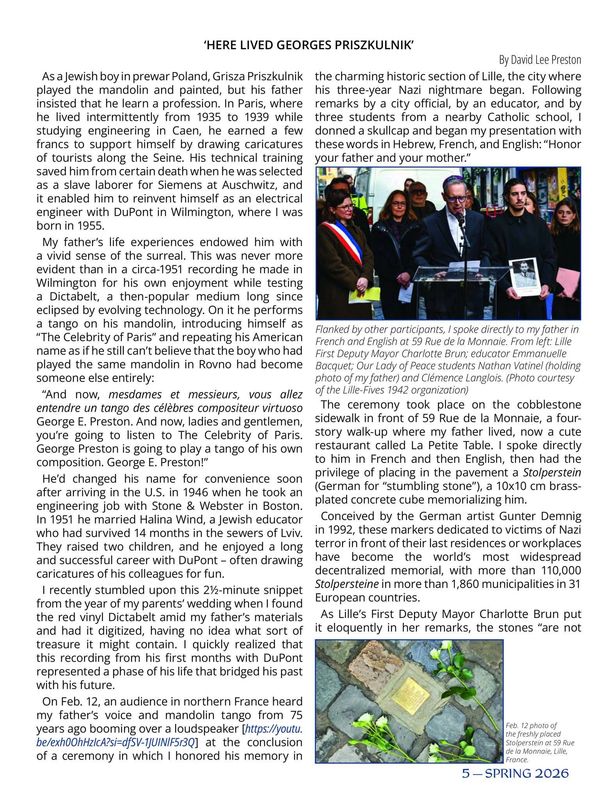 Article about Georges Priszkulnik's life and memorial in Lille, France.