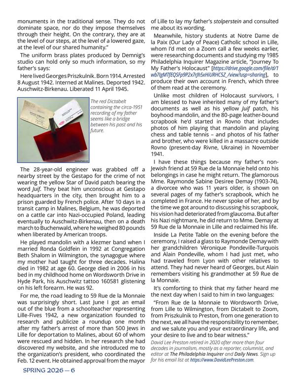 Historical text about Georges Priszkulnik and Holocaust memories.