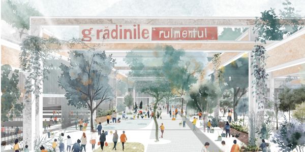Urbaner Gemeinschaftsgarten unter modernen Strukturen.