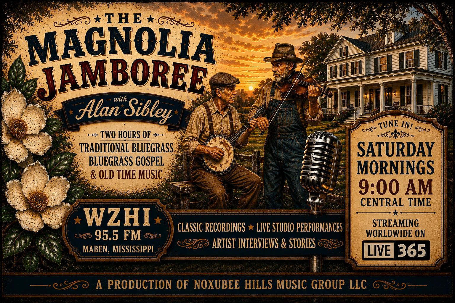 The Magnolia Jamboree Radio Show with Alan Sibley promoting traditional bluegrass music.
