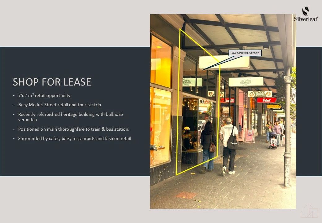 SHOP FOR LEASE
75.2 m2 
Busy Market Street retail strip
Recently refurbished heritage building 
