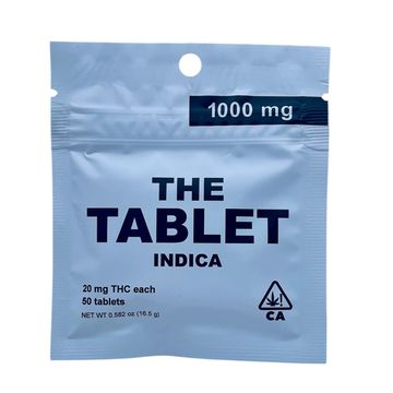 Package of indica tablets with 1000 mg THC, 50 tablets inside.