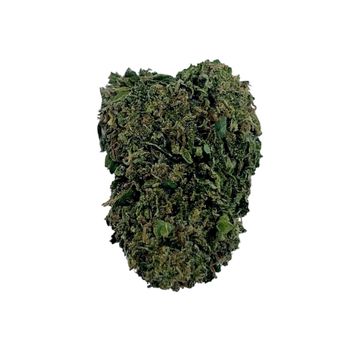 Close-up of a dense cannabis bud with green and brown hues.