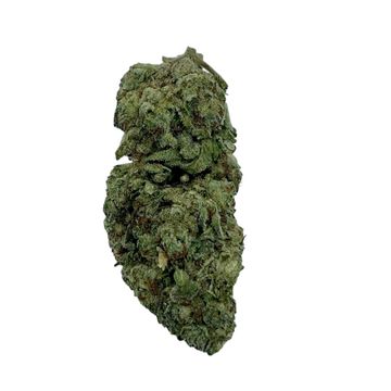 Close-up of a dried cannabis bud with green and orange hues.