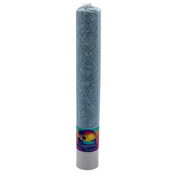 A tall, cylindrical, blue incense stick with a colorful label at the base.