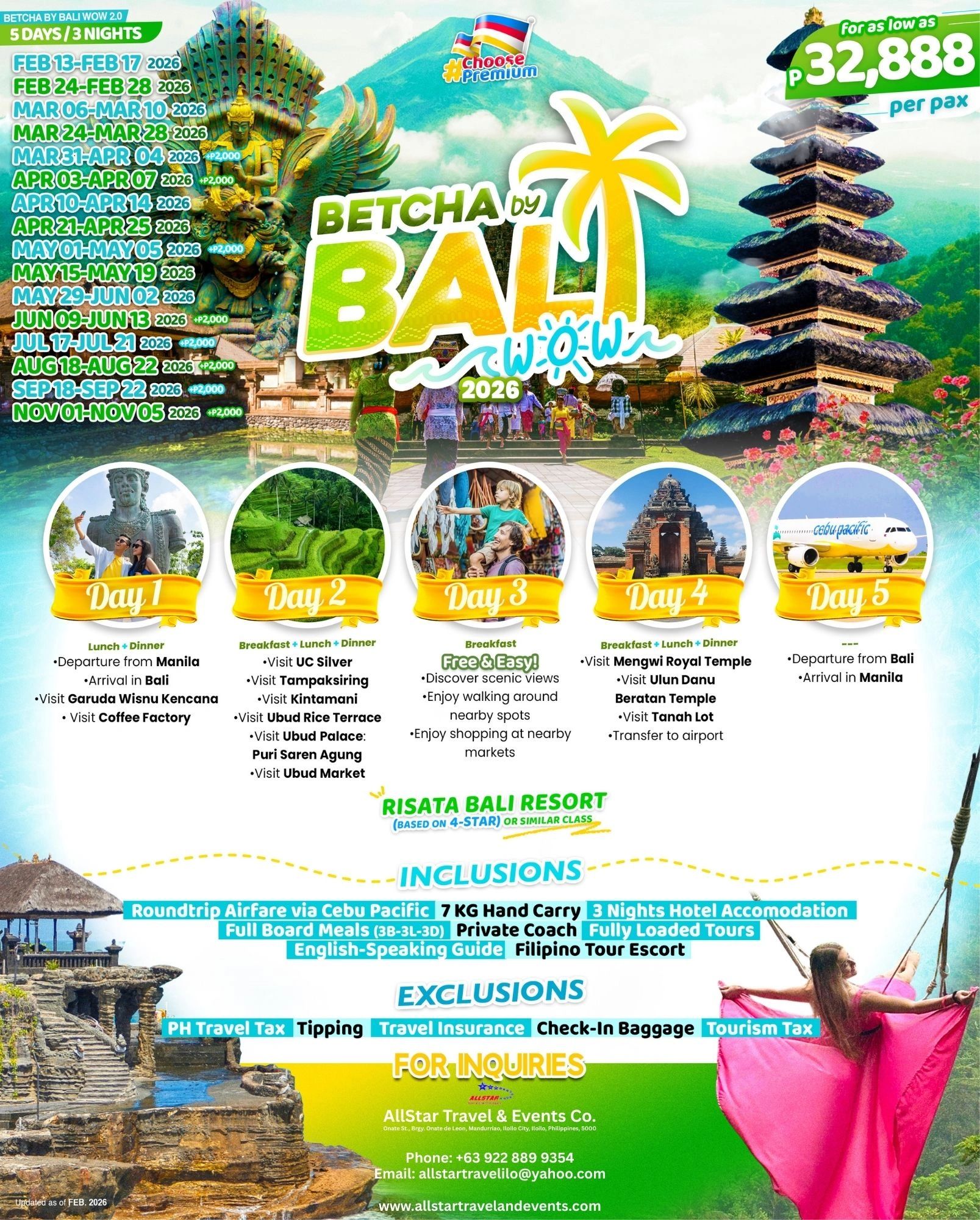 5-day Bali travel package with tours, meals, and accommodations from Manila for ₱32,888 per person.