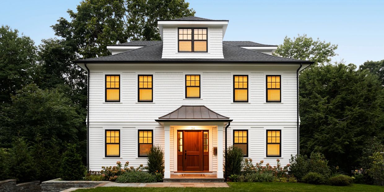 Exterior-American Foursquare Style-Clapboard & Shingles-Metal Roof-Mahogany Front Door-Stone Walls