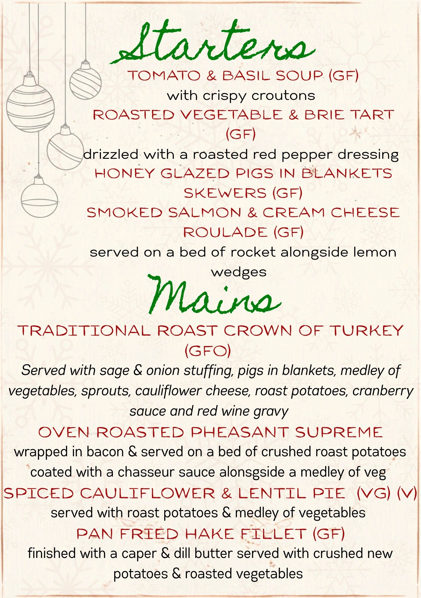 Holiday-themed menu featuring starters and mains with gluten-free and vegan options.