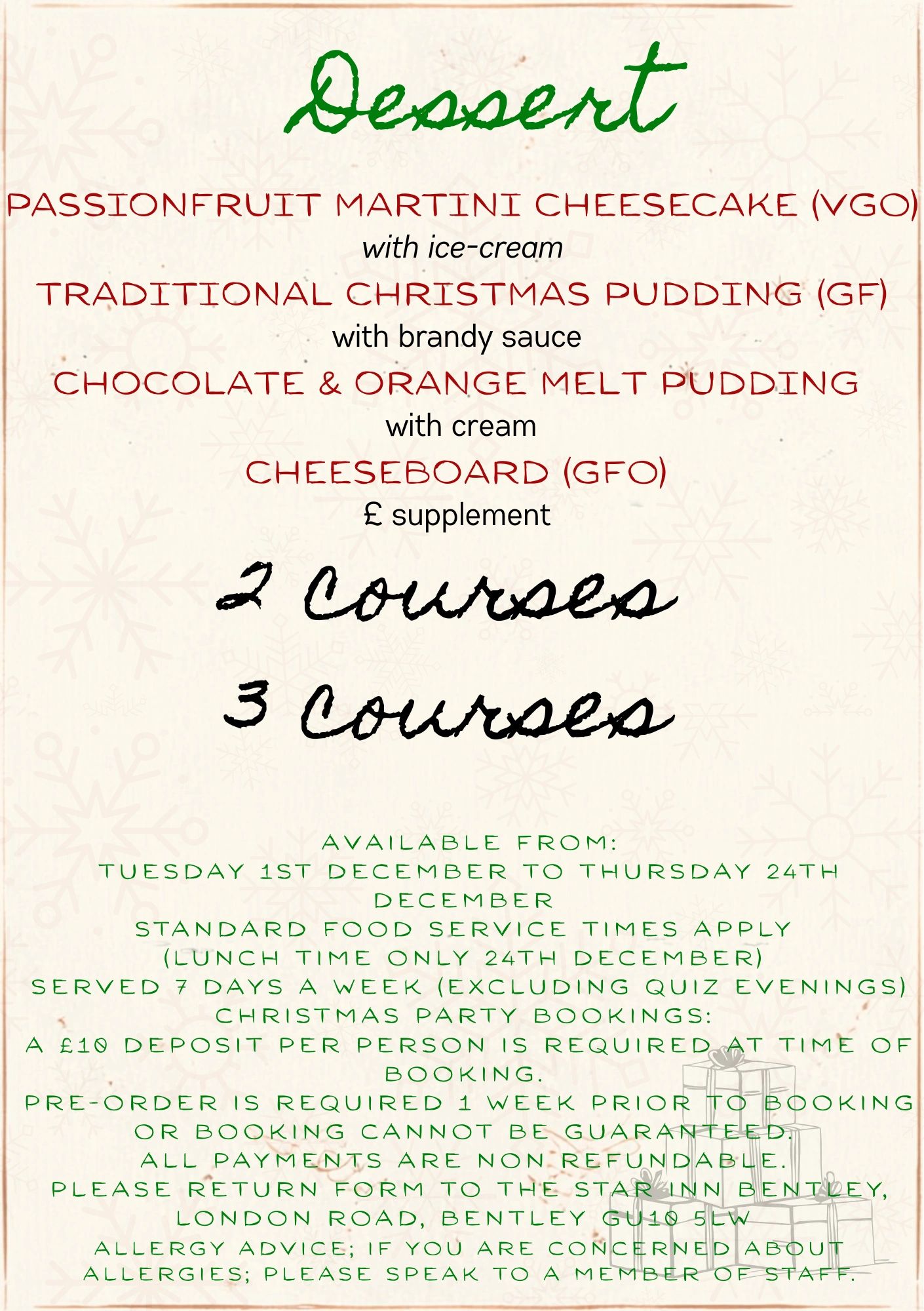 Dessert menu with options and booking info.