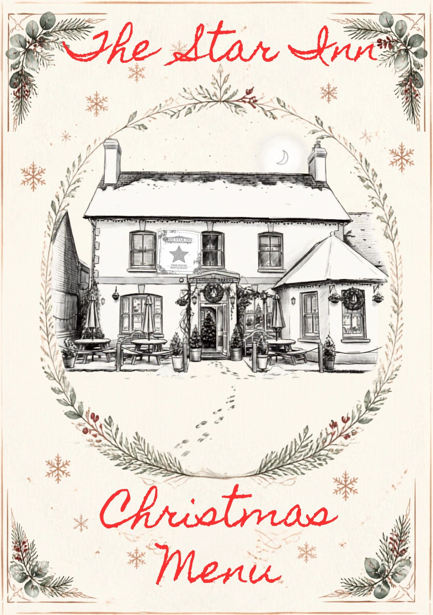 Christmas menu cover for The Star Inn with festive illustration.