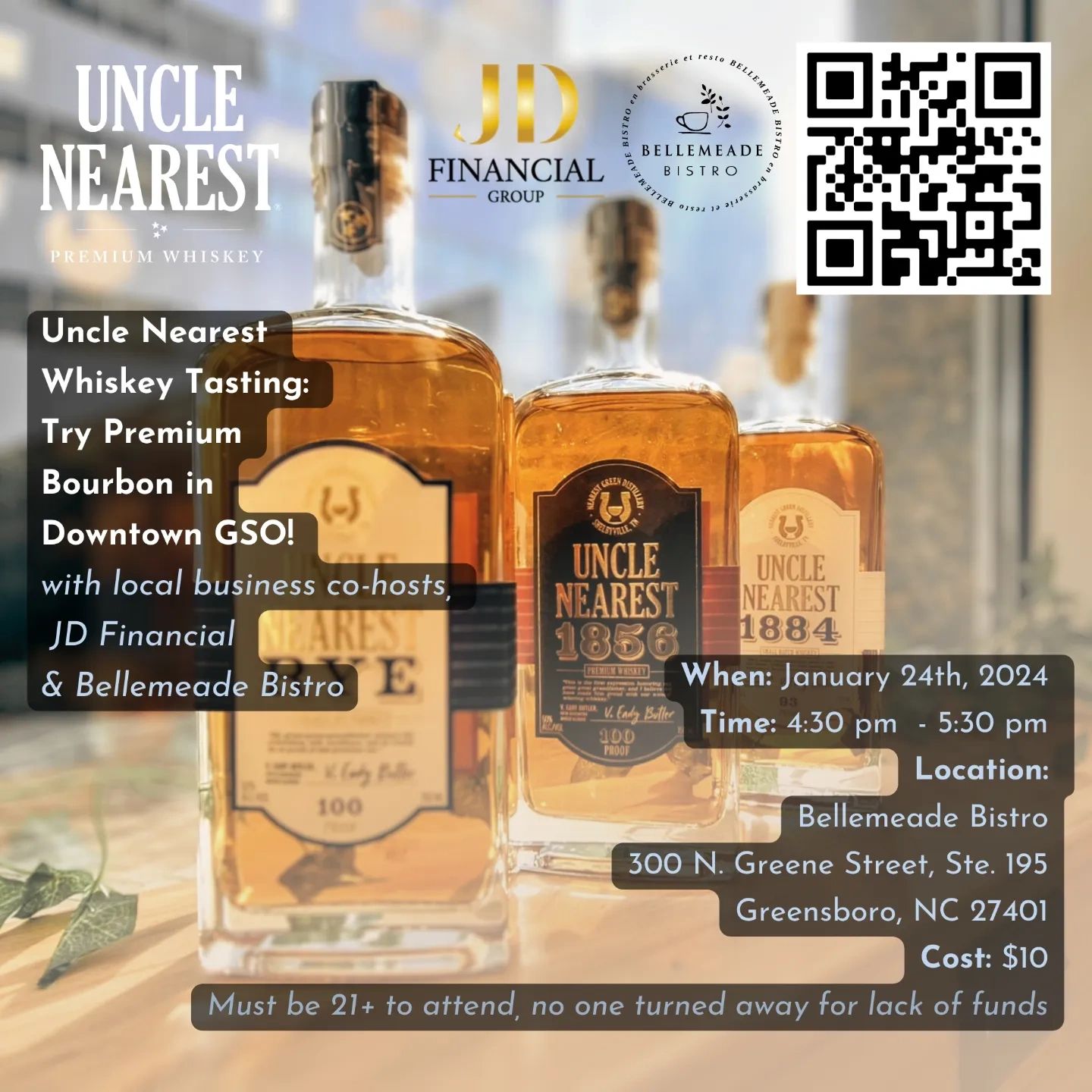 Uncle Nearest Whiskey Tasting:
Try premium bourbon in downtown GSO with local hosts JD Financial and
