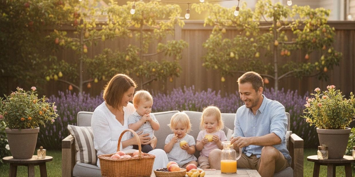 Family enjoying a sunny outdoor picnic with fruits and juice in a cozy garden setting.