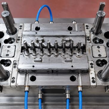Industrial metal mold with blue tubes attached.