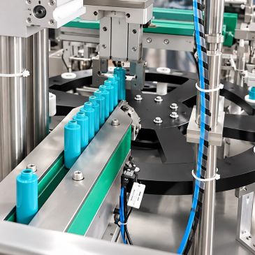 Blue batteries on an automated production line.
