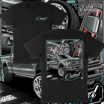 Black T-shirt featuring detailed Ford truck illustrations on front and back.