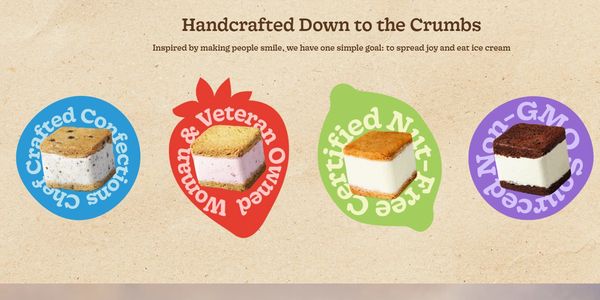 Ice cream sandwiches with handcrafted, non-GMO, nut-free, and veteran-owned qualities.