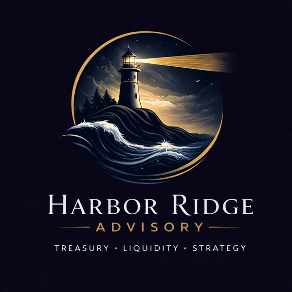 A lighthouse shining over waves with Harbor Ridge Advisory logo below.