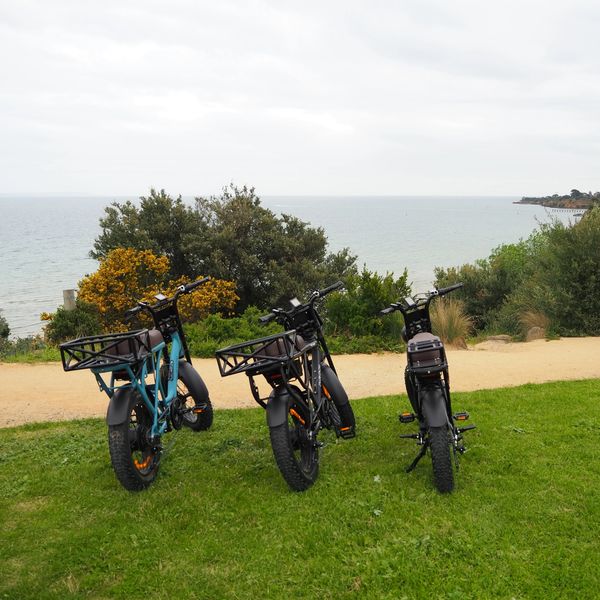 Three Rover E-bikes parked along Melbourne's Bay Trail.