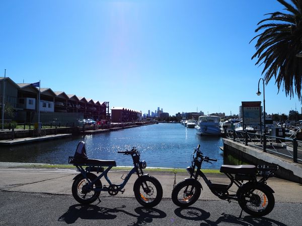 Bikes parked in front of the water at St Kilda Marina.