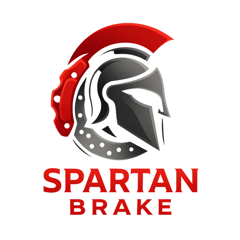 grey spartan helmet looking to the side with red brake caliper and brake disc background